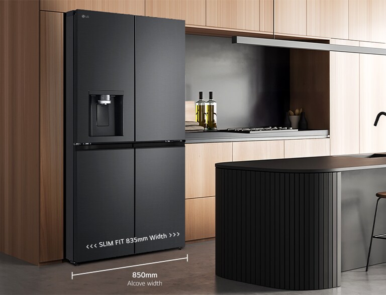 Modern kitchen interior with InstaView fridge.