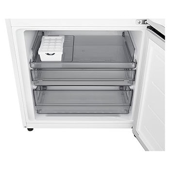 LG fridge freezer (GB-B400PS) shelf highlighted in blue with arrows up and down right image shows folded shelf holding two water bottles
