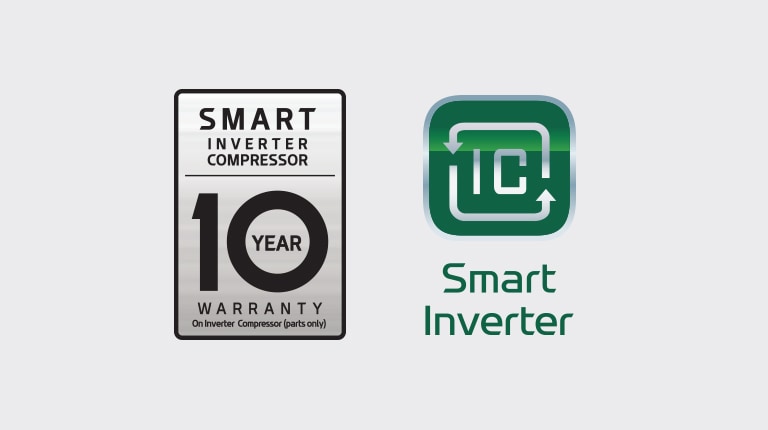 LG 10 year compressor warranty and smart inverter logo