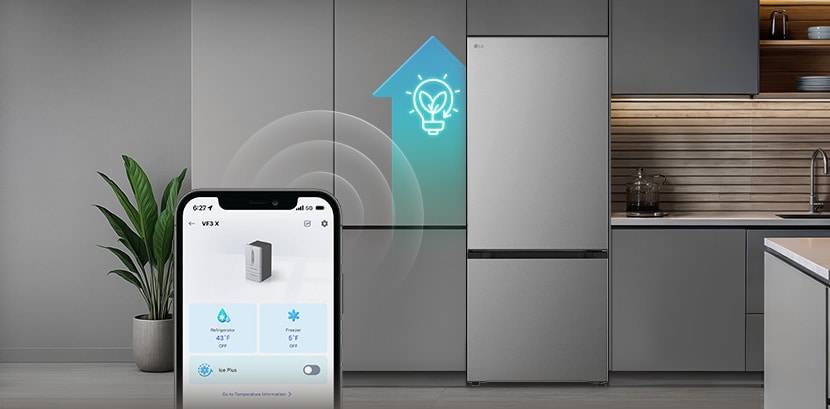 LG bottom freezer (GB-B400PS) with smartphone showing ThinQ app in front