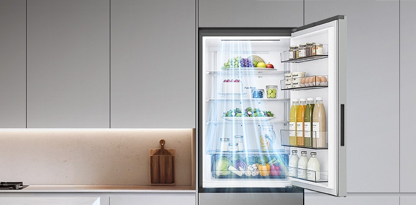 LG bottom freezer (GB-B400PS) interior view with shelves of fruits vegetables drinks and snacks with blue airflow lines from left side