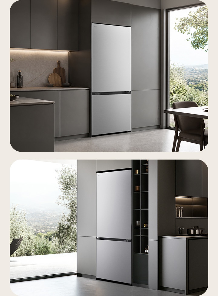 LG bottom freezer (GB-B400PS) left in light grey cabinets with marble backsplash right in dark cabinetry beside shelves and cookware