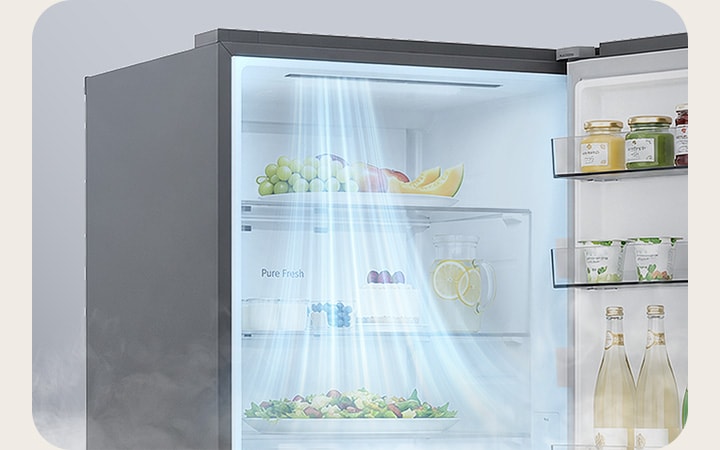 LG bottom freezer (GB-B400PS) open with light blue air flowing from left vent toward door baskets storing fruits bottles and containers