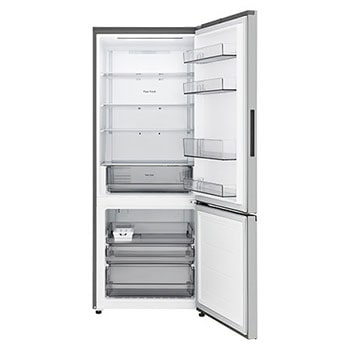 LG bottom freezer (GB-B400PS) full door open view showing fridge and freezer compartments