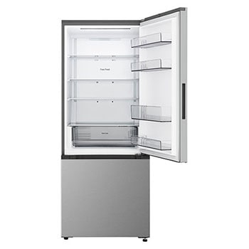 LG bottom freezer (GB-B400PS) in living space with night city view overlaid with AI Saving Mode graphic and fluctuating energy chart