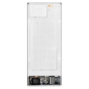 LG bottom freezer (GB-B400PS) installed flush in tall warm beige wall with white arrows pointing to top side and front surfaces