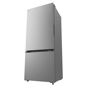 LG fridge freezer (GB-B400PS) close up of wine rack holding four bottles and box of macarons with rack design magnified in circular image
