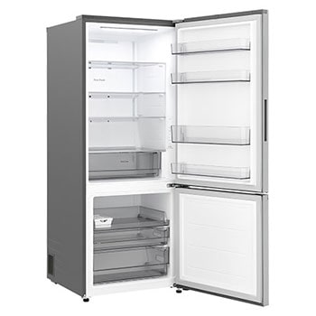 LG fridge freezer (GB-B400PS) shelf highlighted in blue with arrows up and down right image shows folded shelf holding two water bottles