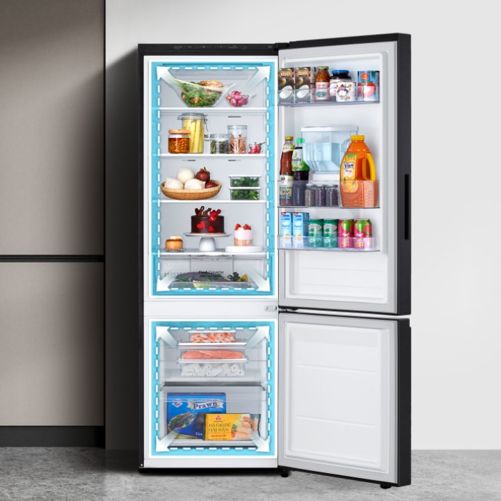 A lg bottom freezer refrigerato neatly organized shelves filled with various foods and beverages.	