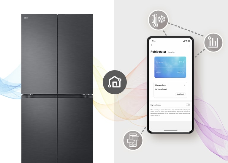 There's a woman sitting comfortably at a table far away doing her job. There is an ai speaker on the table. Leaving her behind, the walls and Black Glass InstaView refrigerator are placed.