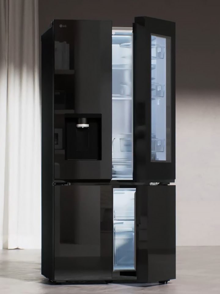 Close-up of the LG French Door Refrigerator, highlighting sleek black mirror door finish. The glossy, reflective surface exudes modern elegance, and a minimalist, sophisticated look.