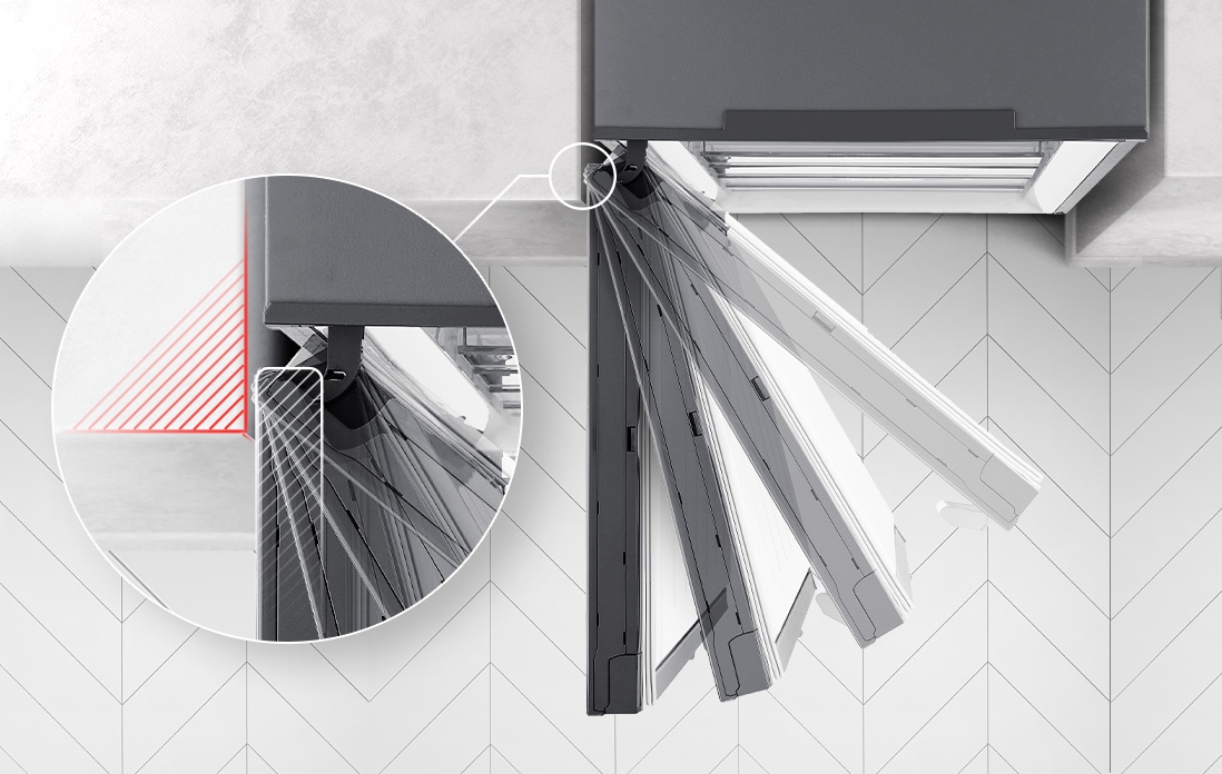The freezer is shown from above with the door swinging out and stopped in four different places and a magnified inset of the hinges shows the hinge can be flush with the wall and never touch it when opening.