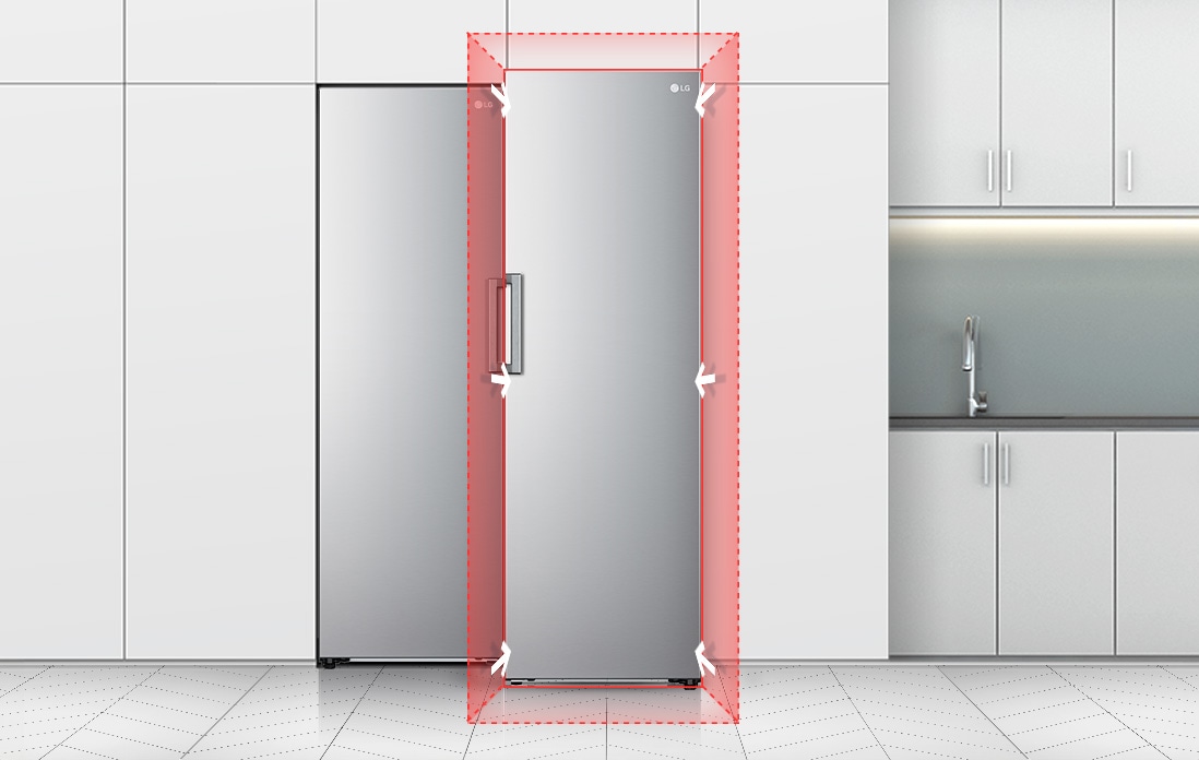 The front of a freezer is shown with blue shape and arrows pointing to demonstrate how the freezer fits in a kitchen space. 