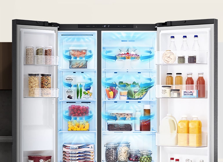 An image showing the direction of air flows in the fridge represented by blue arrows in the fridge.