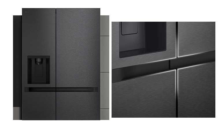 Close up of fridge in Matte Black finish on the left and close up of fridge handles on the right.	