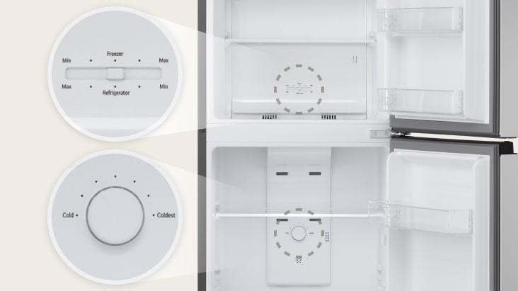 The image shows knob dial located separately inside the freezer and refrigerator.