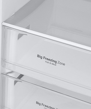 The metallic decorations inside the fridge on the drawers are highlighted and labeled "Metallic Decoration" on the photo.