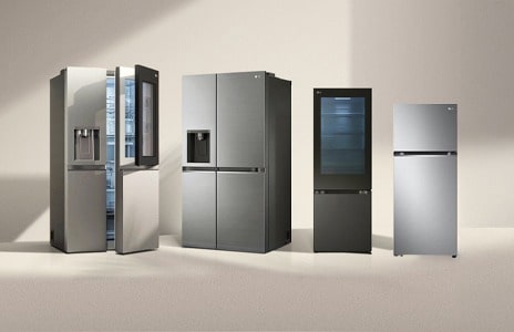 Three LG fridge freezers in sunlight. The left slim fridge has a transparent door with green-lit shelves inside. Next to it are Multi-Door and American Style models.