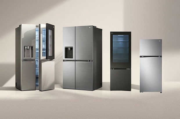 Three LG fridge freezers in sunlight. The left slim fridge has a transparent door with green-lit shelves inside. Next to it are Multi-Door and American Style models.	