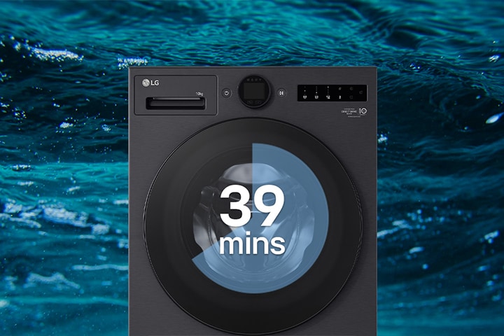 Front view of an LG washing machine with “39” displayed on the panel. Powerful water jets spray from four directions, with green leaves shown on the right side.