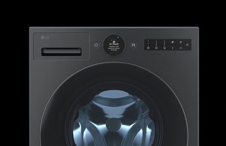 LG washing machine with interior exposed, showing motor and circular AI DD chip with moving purple lines. The panel closes, revealing the full washer.