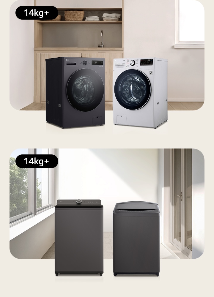 Large washing machines in a wide laundry room.	