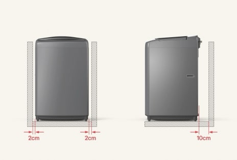 LG front load Washing Machine illustrated in a split image, left shows arrows marking side clearance to walls and right shows open-door side view with arrows indicating rear space.