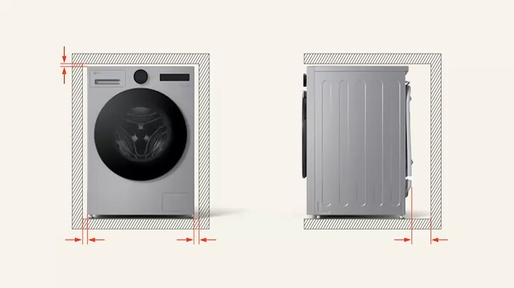 LG Washer Dryer illustrated in a split image, left shows arrows marking side clearance to walls and right shows open-door side view with arrows indicating rear space.
