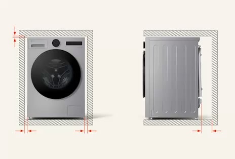 LG front load Washing Machine illustrated in a split image, left shows arrows marking side clearance to walls and right shows open-door side view with arrows indicating rear space.