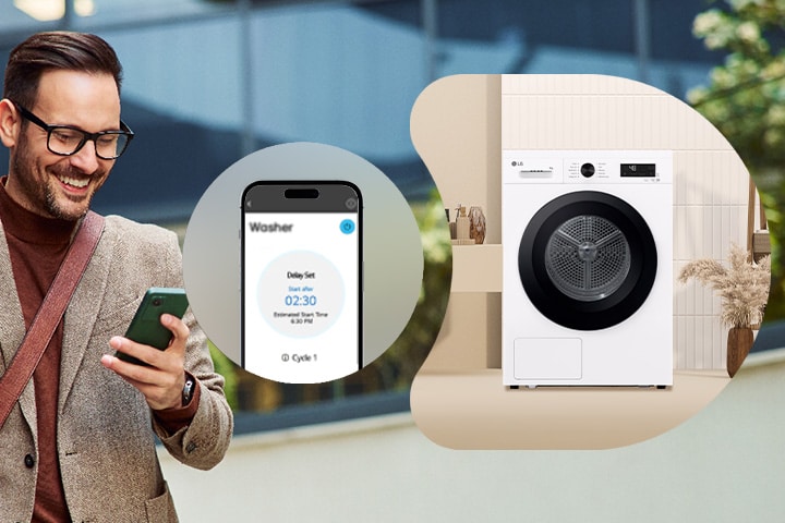 A man remotely controlling the LG dryer through the thinq app
