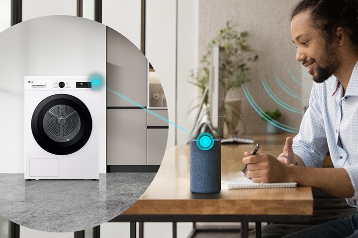 A man controlling the LG dryer with voice assistant