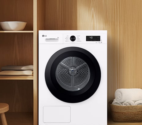 Image showing the front view of the LG Dryer in a premium wood-toned interior