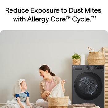 Reduce Exposure to Dust Mites, with Allergy Care™ Cycle. Family laundry room scene with a parent and child folding clothes next to an LG dryer.