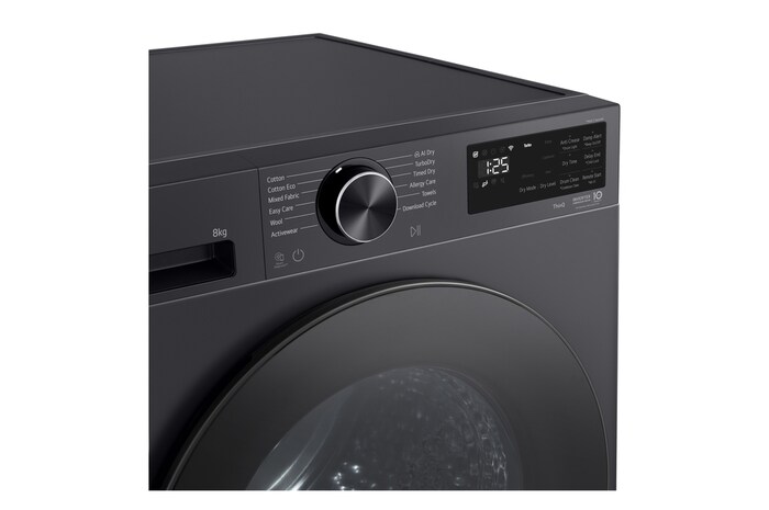 LG DXH3 Heat Pump Dryer front view showing control panel and circular door design