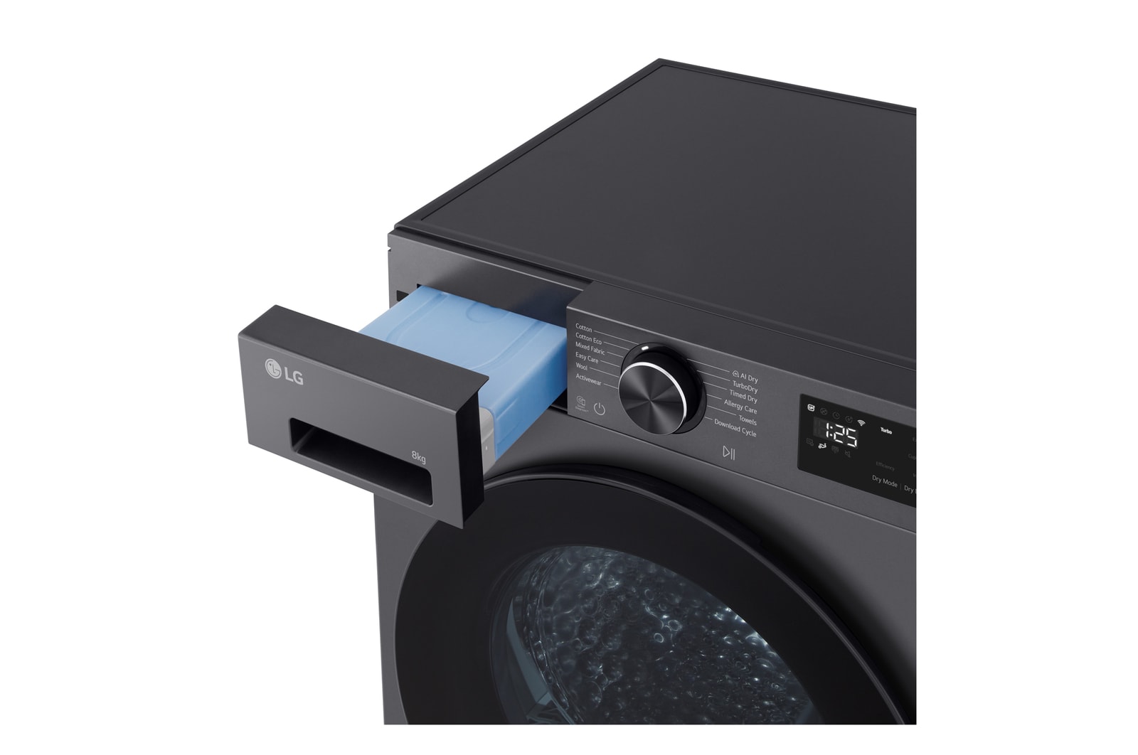 LG DXH3 Heat Pump Dryer detergent drawer pulled open side view
