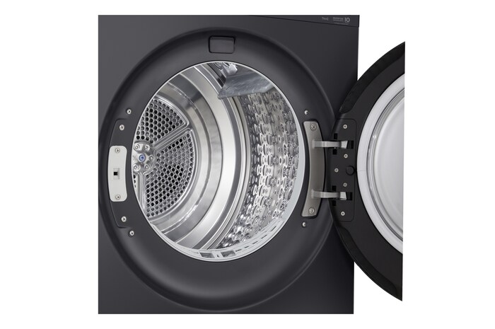 LG DXH3 Heat Pump Dryer with door open showing stainless steel drum interior