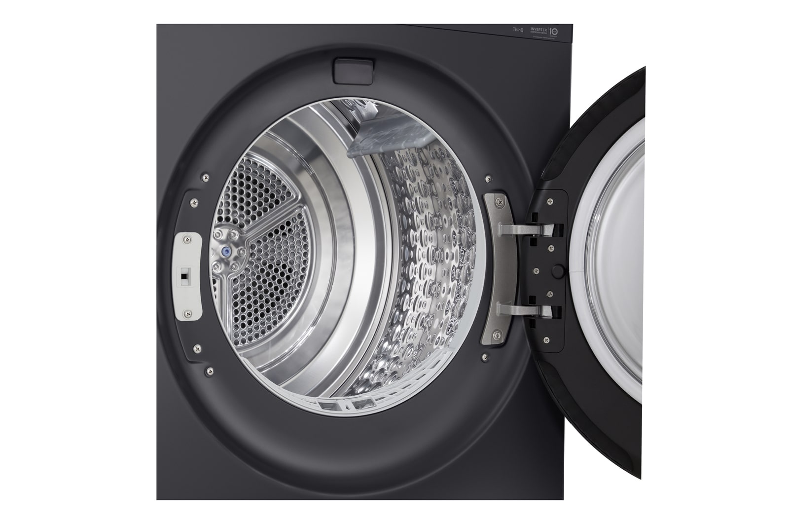 LG DXH3 Heat Pump Dryer with door open showing stainless steel drum interior