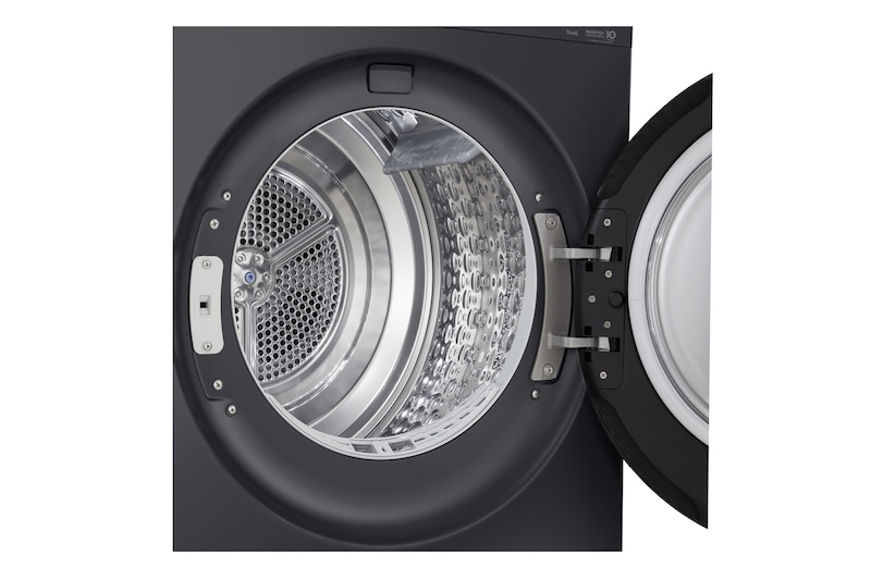 LG DXH3 Heat Pump Dryer with door open showing stainless steel drum interior