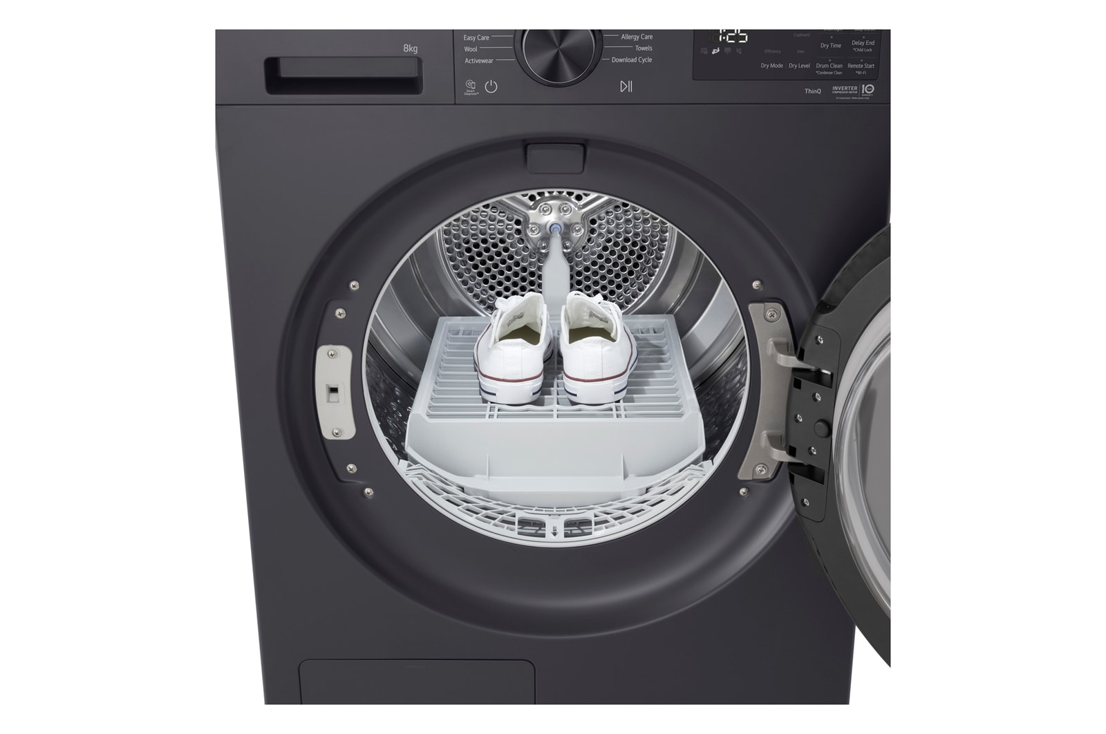 LG DXH3 Heat Pump Dryer with front door open, showing the drum interior.
