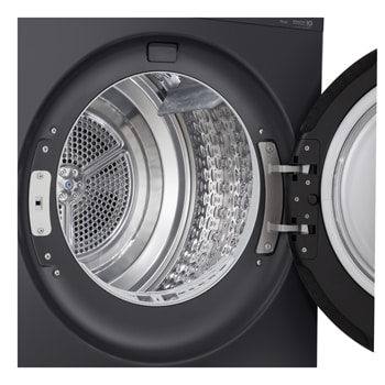 LG DXH3 Heat Pump Dryer with door open showing stainless steel drum interior