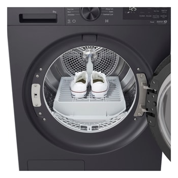 LG DXH3 Heat Pump Dryer with front door open, showing the drum interior.