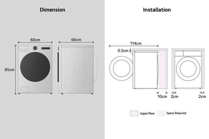 LG dryer dimension and installation diagram showing width, height, depth, and required wall clearance spacing.