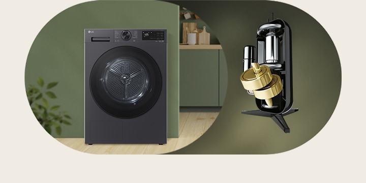 Image of an LG dryer placed in a green-themed interior with a visual highlight of the Inverter Compressor Motor.