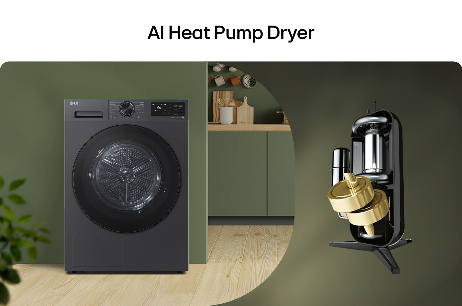 AI Heat Pump Dryer. LG dryer shown in a modern laundry room with a dual cylinder drying system illustration.