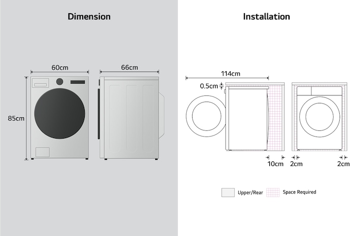 LG dryer dimension and installation diagram showing width, height, depth, and required wall clearance spacing.