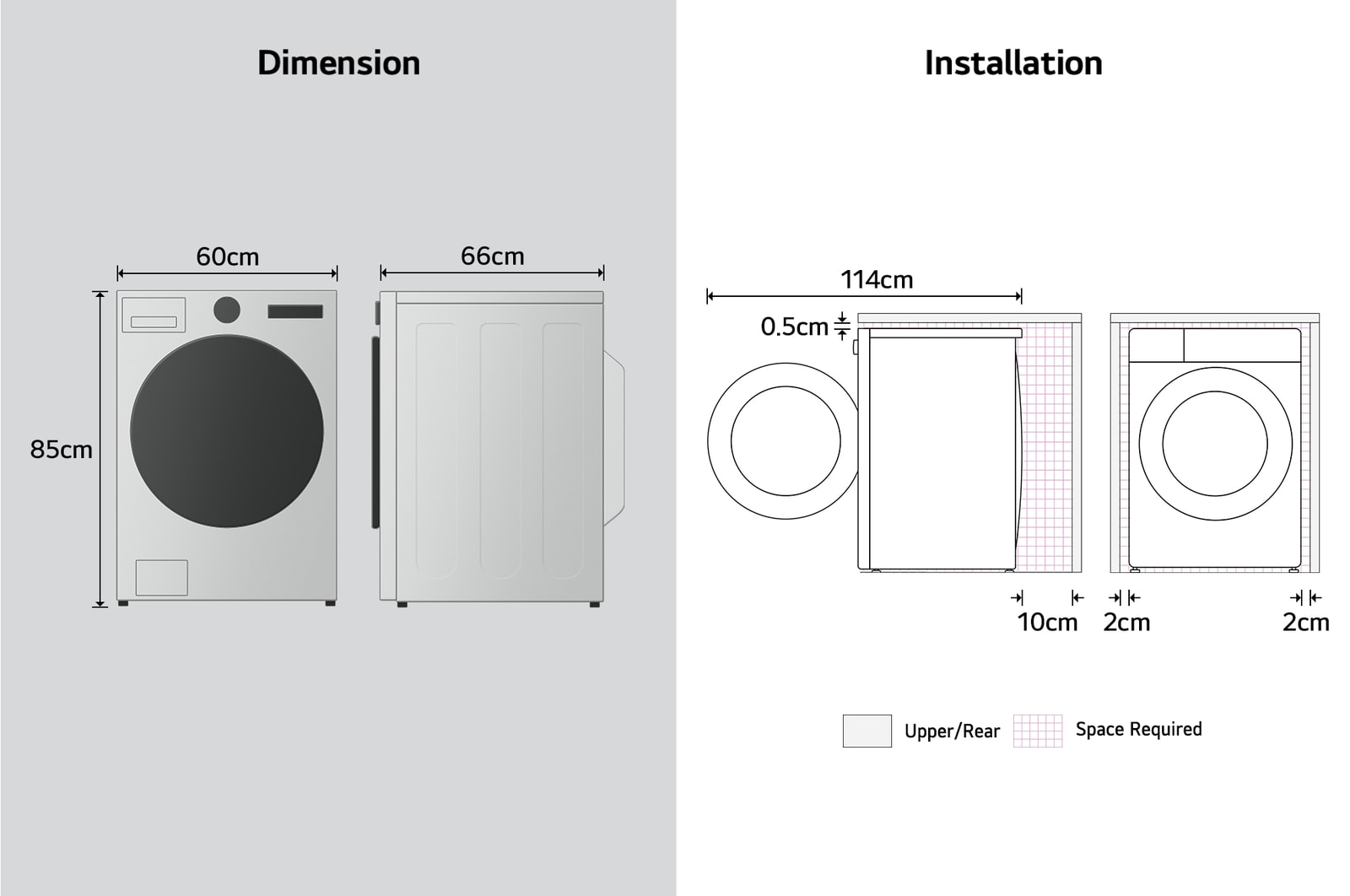 LG dryer dimension and installation diagram showing width, height, depth, and required wall clearance spacing.