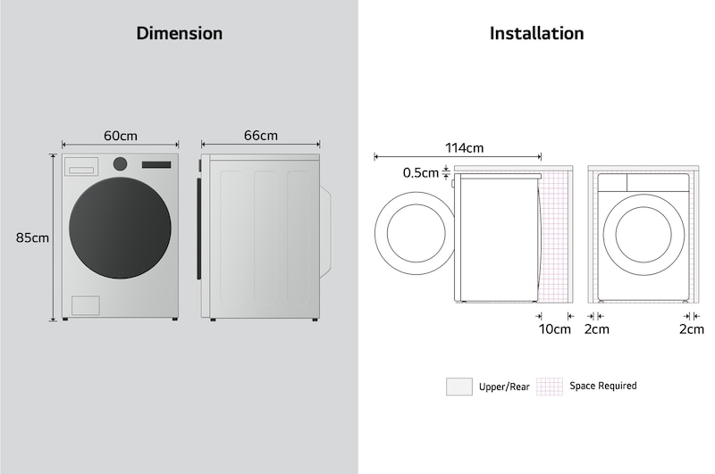 LG dryer dimension and installation diagram showing width, height, depth, and required wall clearance spacing.