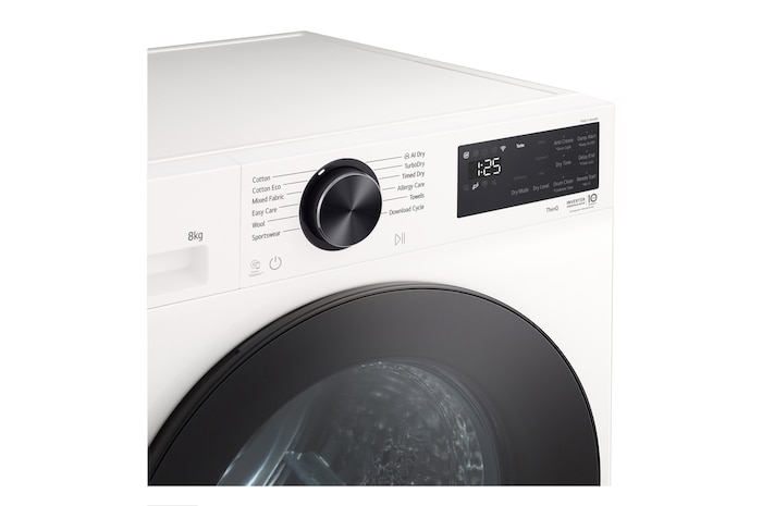 LG DXH3 Heat Pump Dryer front view showing control panel and circular door design