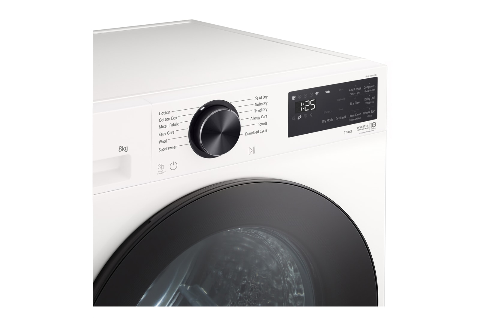 LG DXH3 Heat Pump Dryer front view showing control panel and circular door design
