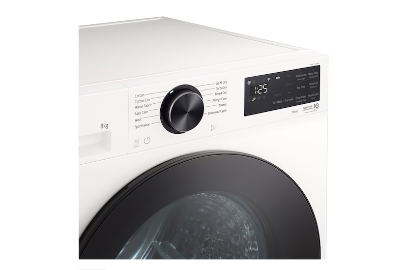 LG DXH3 Heat Pump Dryer front view showing control panel and circular door design